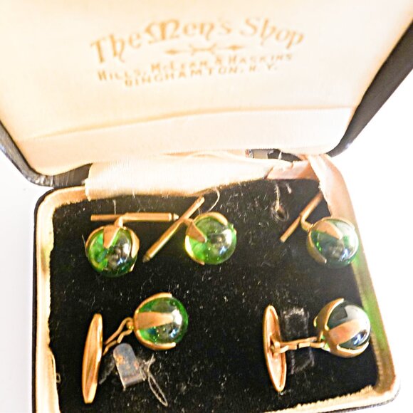 Antique Edwardian Glass Orb Chain Link Cuff links Studs Boxed - Picture 2 of 3